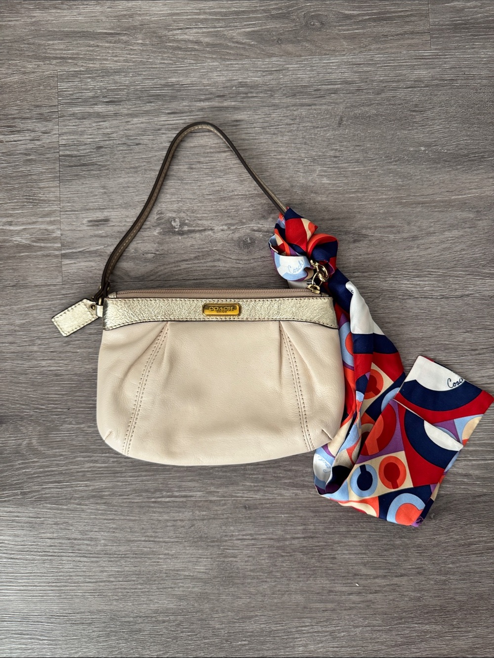 Coach Cream Leather Wristlet with Coach Silk Scarf